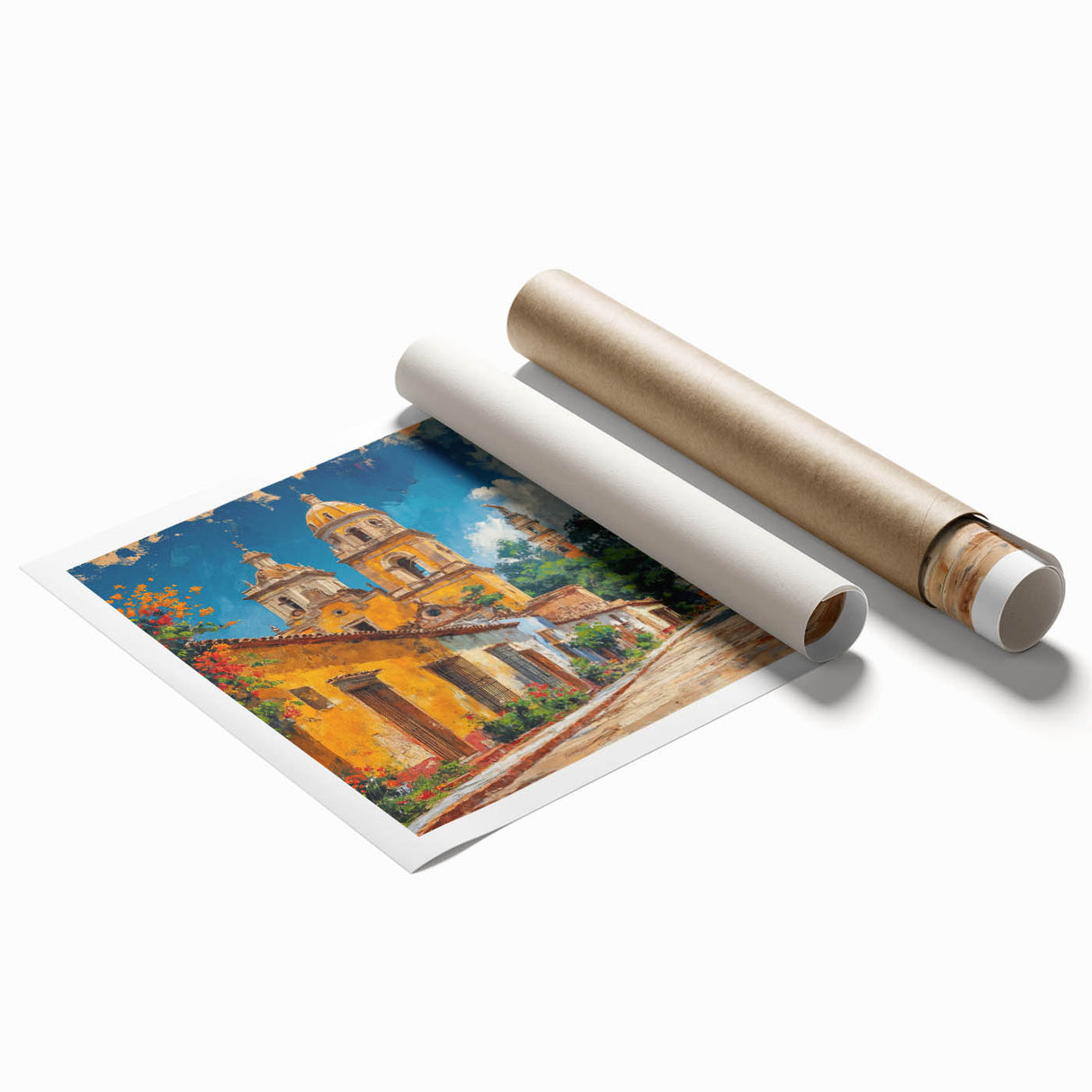 Extra large rolled print of Yucatan scenery with vibrant floral elements.