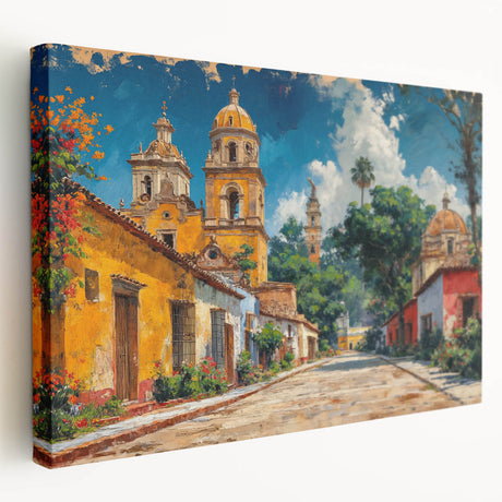 Side view of a stretched canvas depicting Yucatán, Mexico scenery in vibrant earth tones, ideal for kitchen wall art.