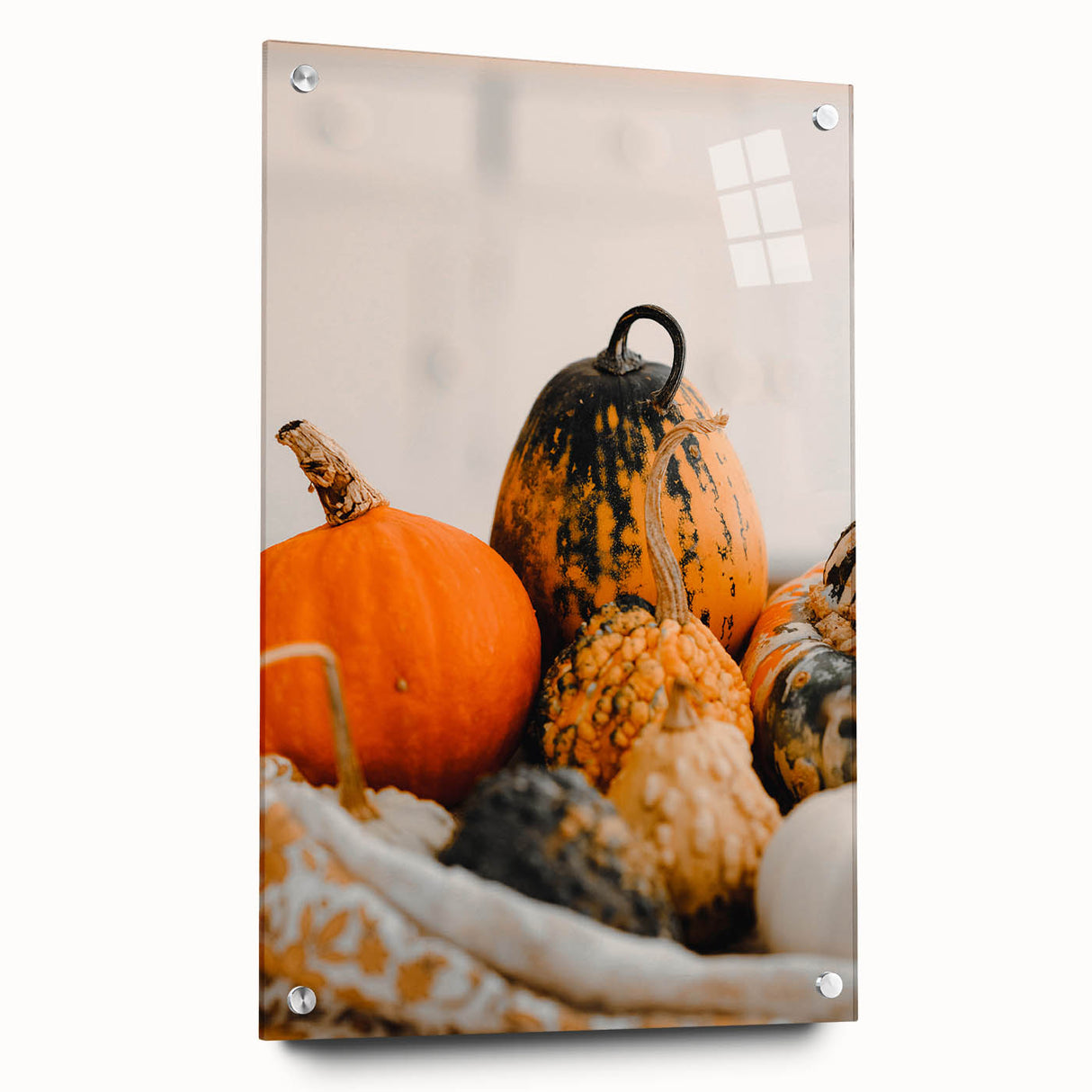Large abstract wall art depicting fall colors on acrylic glass, suitable for bedroom or dining room decor.