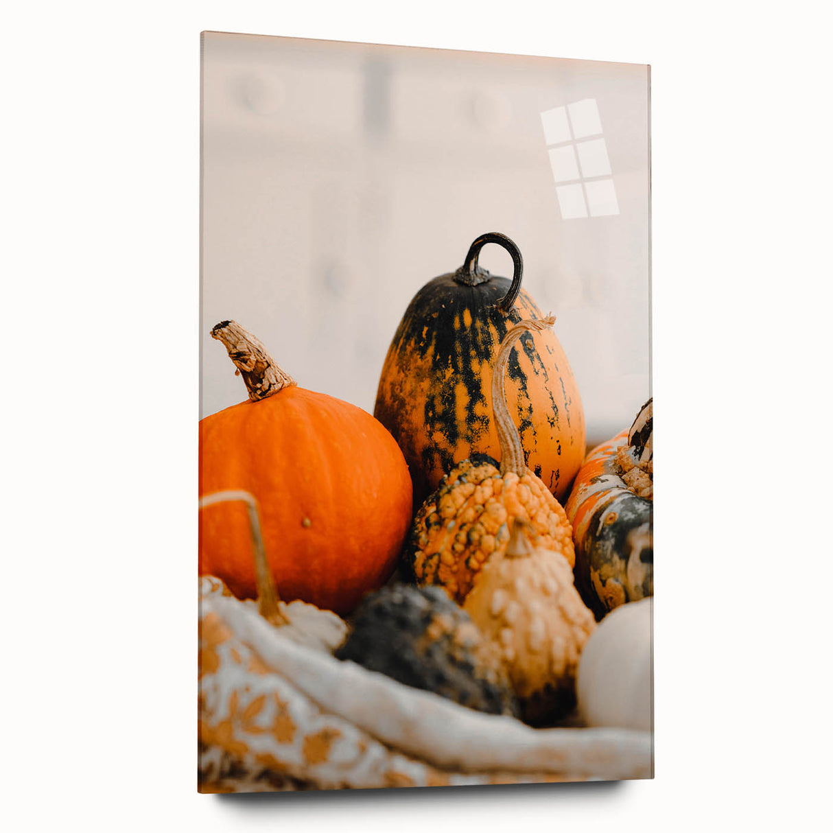 Large abstract wall art on acrylic glass, featuring swirling autumnal hues, ideal for bedroom or dining room decor.