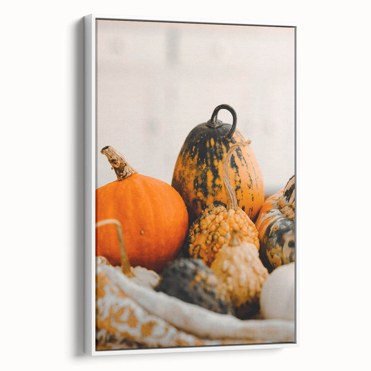 Vintage poster art of fall scenery on framed canvas, featuring a palette of orange and brown, ideal for living room decor.