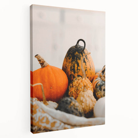 Autumn-themed abstract painting on stretched canvas featuring warm orange and brown tones, suitable for kitchen wall art.