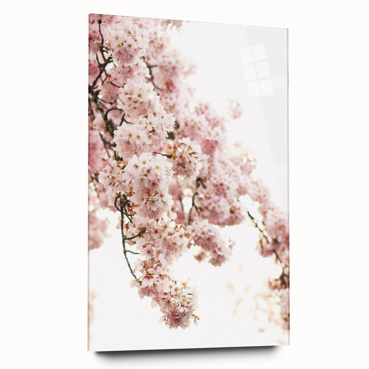 Large abstract wall art on acrylic glass depicting vibrant spring themes in green and pink.