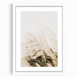 Abstract art print depicting summer themes in vibrant blue and orange tones on a white framed mat.