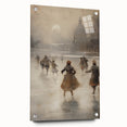 Large abstract wall art on acrylic glass depicting a winter scene in muted blue and gray tones.