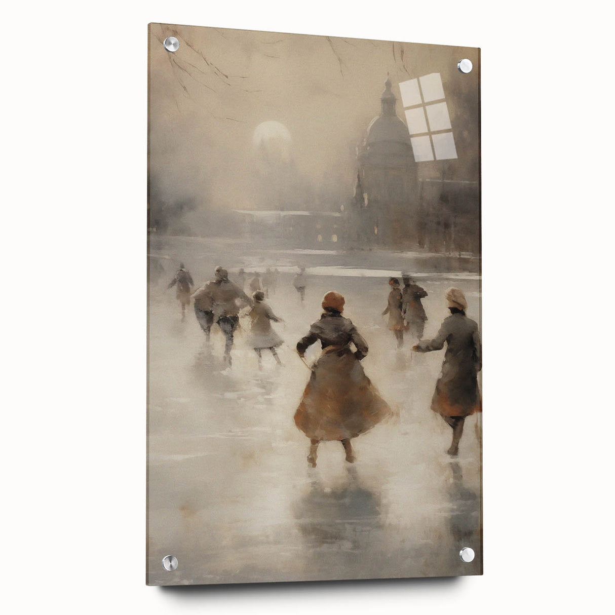 Large abstract wall art on acrylic glass depicting a winter scene in muted blue and gray tones.