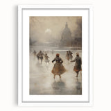 Abstract art print depicting a winter scene in muted blue and white tones on a framed canvas.
