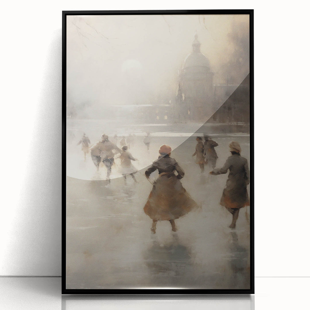 Large abstract wall art depicting a winter scene in muted blue and gray tones, framed in black acrylic.