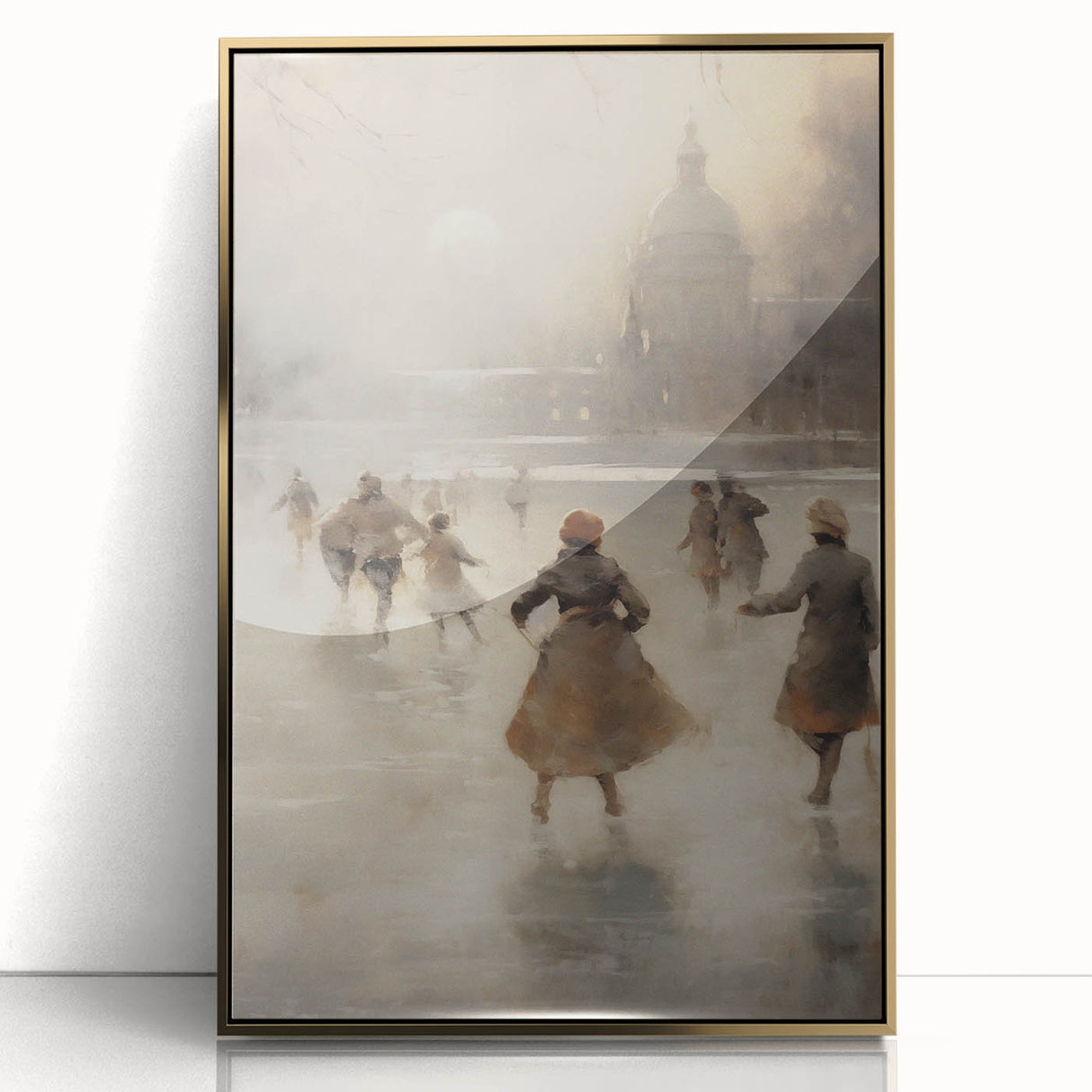 Large acrylic print of a mid-century modernist winter scene in gold and white tones, ideal for modern art wall decor.