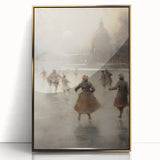 Large acrylic print of a mid-century modernist winter scene in gold and white tones, ideal for modern art wall decor.
