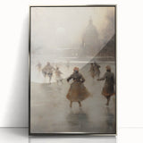 Mid-century modernist art depicting a winter scene in muted blue and white tones, framed acrylic.