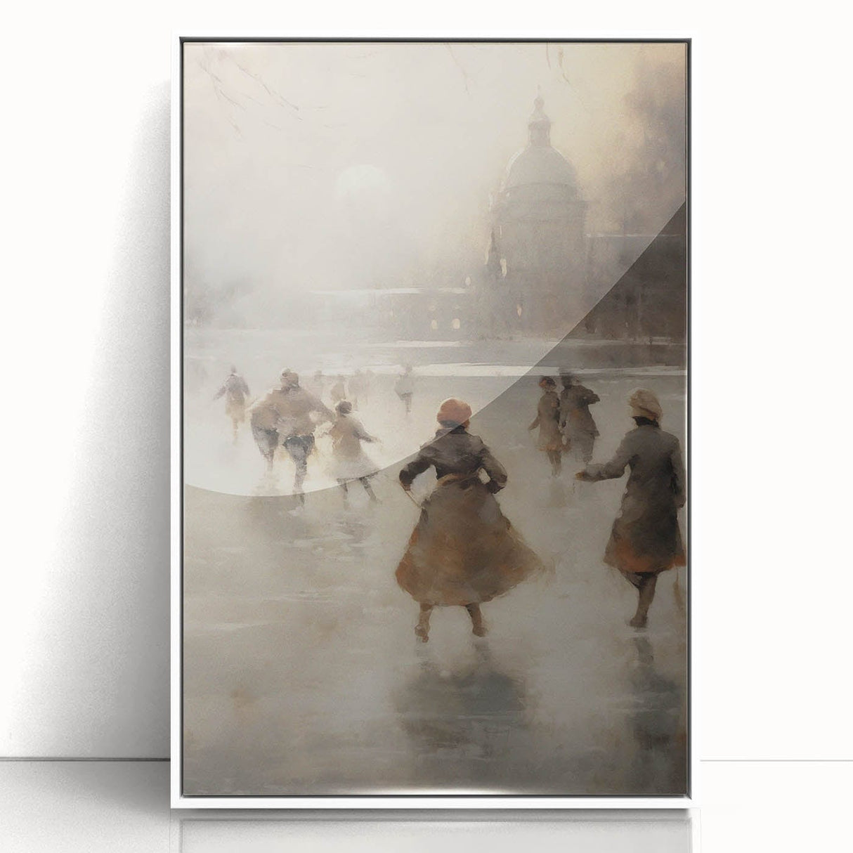 Art deco poster of a winter scene in muted blue and white tones, framed acrylic, ideal for nursery wall decor.