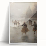 Art deco poster of a winter scene in muted blue and white tones, framed acrylic, ideal for nursery wall decor.