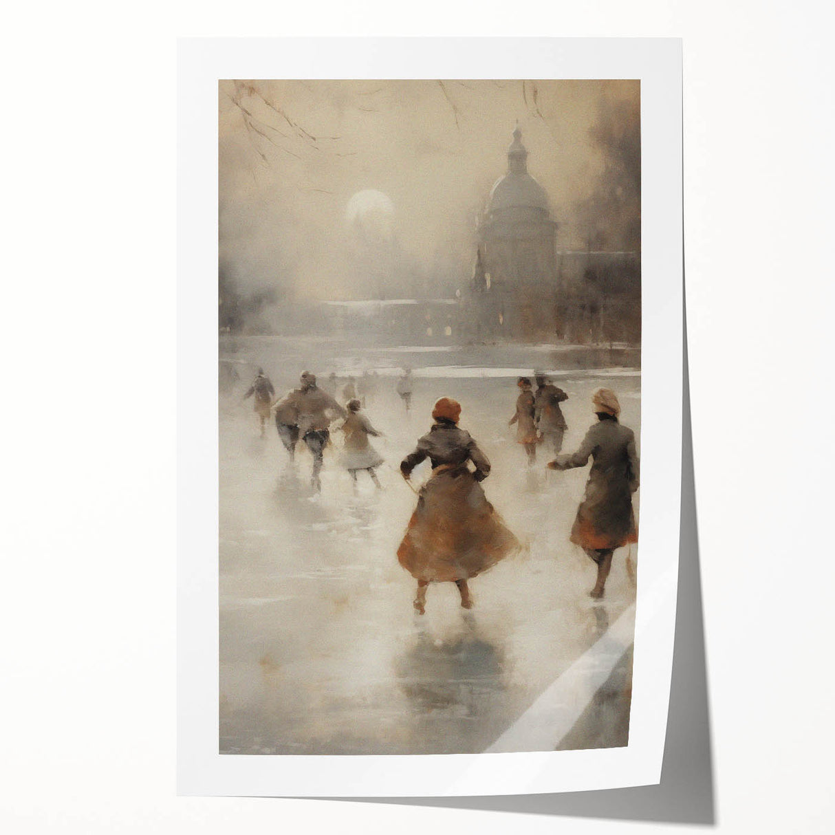 Extra large rolled print of a winter-themed floral art in muted blue and white tones, ideal for dining room decor.