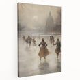 Winter-themed large art on stretched canvas, featuring a snowy landscape with muted blue and white tones.