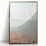 Large art print of a mid-century modernist abstract in gold and teal tones on acrylic, ideal for modern art wall decor.