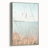 Landscape art painting on framed canvas featuring a colorful, vintage poster-style design with black borders.