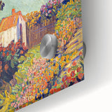 Large abstract wall art print on acrylic glass featuring mid-century modernist swirls in vibrant blue and yellow tones.