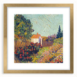 Abstract art print featuring swirling blue and yellow patterns, framed in gold, ideal for dining room decor.