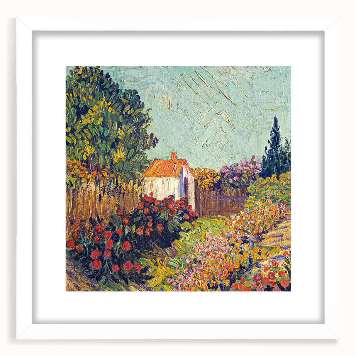 Textured abstract art print in vibrant blue and yellow tones on a white framed canvas, suitable for bedroom decor.