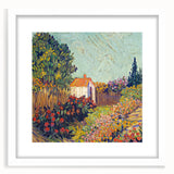 Textured abstract art print in vibrant blue and yellow tones on a white framed canvas, suitable for bedroom decor.