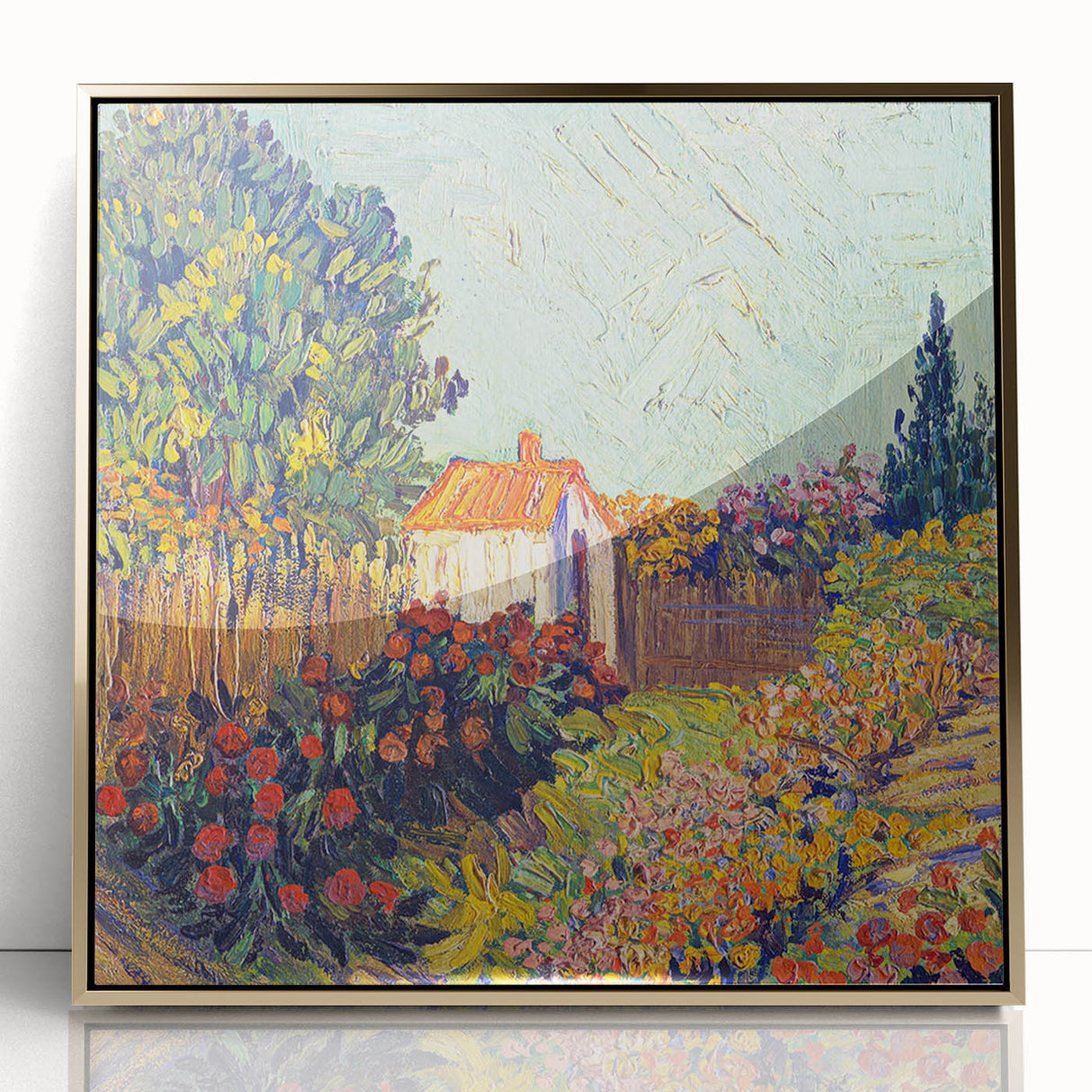 Art deco poster of Van Gogh's painting on acrylic, framed in gold, with vibrant colors, ideal for nursery wall art.
