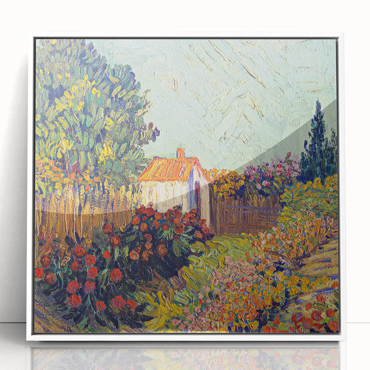 Mid-century modernist art depicting a Van Gogh-inspired abstract design in vibrant blues and yellows on a white framed…