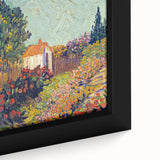 Close-up of a textured, extra large framed canvas depicting a colorful, abstract design, ideal for living room decor.