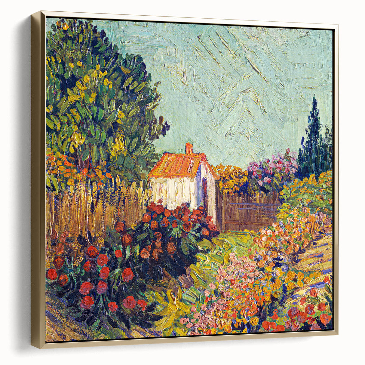 Framed canvas depicting a Van Gogh-inspired landscape in silver and gold tones, suitable for bedroom wall art.