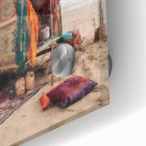 Large abstract wall art featuring a caravan in muted earth tones on acrylic glass, suitable for bedroom or dining room decor.