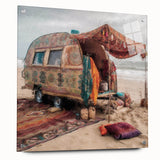 Side view of a caravan depicted in large abstract wall art on acrylic glass, using muted earth tones.