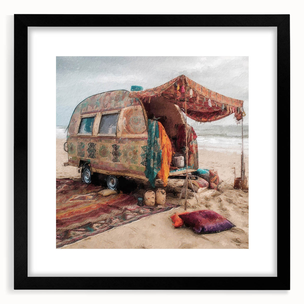 Extra large abstract art print featuring a colorful textured caravan, in a black frame with mat, ideal for living room decor.