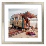 Textured art print of an abstract caravan in silver and gray tones on a framed mat, suitable for bedroom decor.