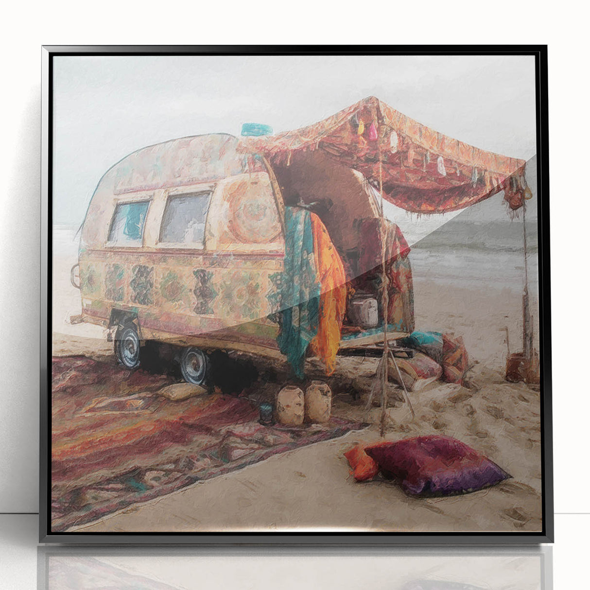 Large abstract wall art featuring a mid-century modernist caravan design in black and grey tones on framed acrylic.