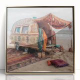 Mid-century modernist style caravan illustration in gold and beige tones on acrylic print, suitable for nursery wall art.