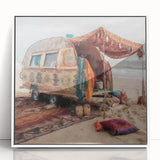 Art deco style caravan illustration in muted gray and teal, acrylic print framed in white, suitable for nursery wall art.