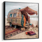 Black and white framed canvas featuring a vintage caravan in a landscape, ideal for bedroom wall decor.