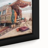 Extra large framed canvas featuring a textured depiction of a colorful caravan, ideal for living room decor.