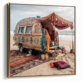 Framed canvas wall art featuring a vintage caravan landscape in silver and gold tones, ideal for bedroom decor.