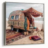 Framed canvas featuring a vintage caravan landscape in black with colorful accents, ideal for living room decor.