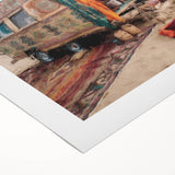 Art deco poster featuring a caravan of vehicles in monochrome, printed on rolled canvas, suitable for dining room decor.