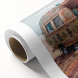 Art deco style caravan illustration in muted pastels on rolled canvas, ideal for nursery wall art.