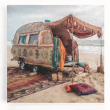 Black and white stretched canvas featuring a detailed caravan design, ideal for kitchen wall art.