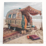 Black and white stretched canvas featuring a vintage caravan, ideal for kitchen wall art or bedroom decor.
