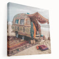 Side view of a caravan depicted in a minimalist style on a large stretched canvas, using muted earth tones.