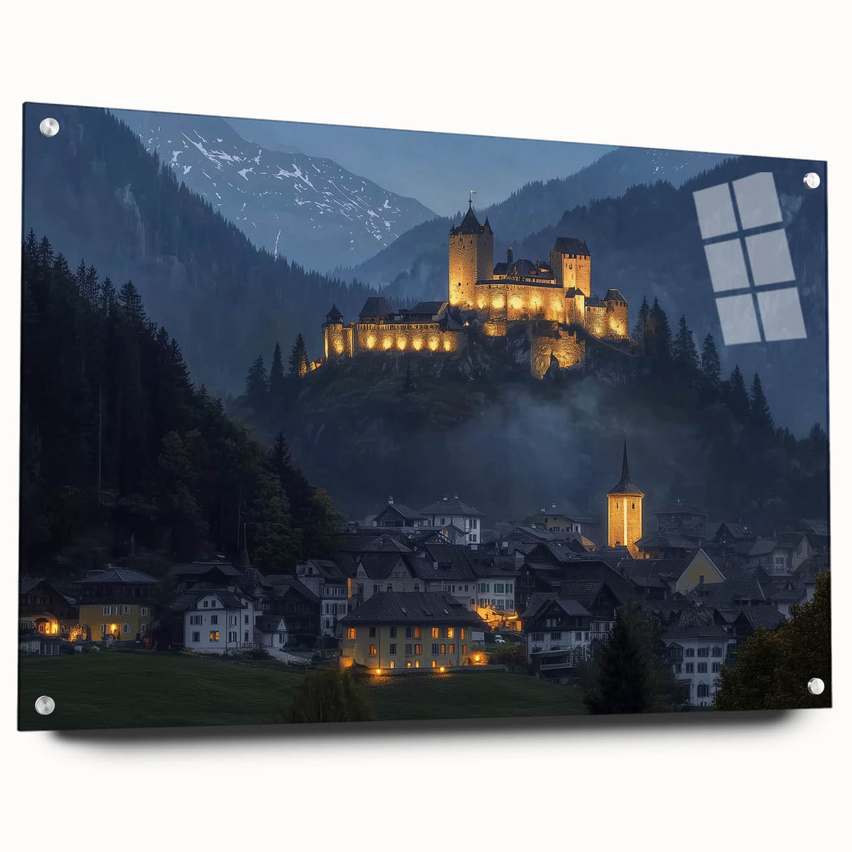 Acrylic glass artwork showcasing a vibrant landscape with a medieval castle, framed at an angle with decorative pins, perfect for enhancing home decor.