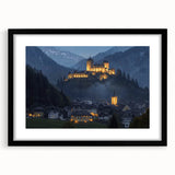 Framed landscape artwork showcasing a majestic castle against a serene backdrop, featuring a sleek black mat and elegant design, perfect for home décor.