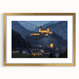 Elegant gold-framed landscape artwork depicting a majestic castle surrounded by lush greenery, perfect for home decor. The mat adds a refined touch to the presentation.