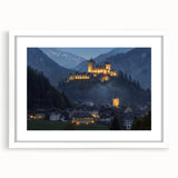 Landscape artwork featuring a picturesque castle framed in white, complete with a mat, showcasing intricate details and vibrant colors, ideal for home decor.