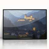 Framed acrylic artwork showcasing a detailed landscape with a majestic castle, presented in a sleek black frame, perfect for enhancing home decor.
